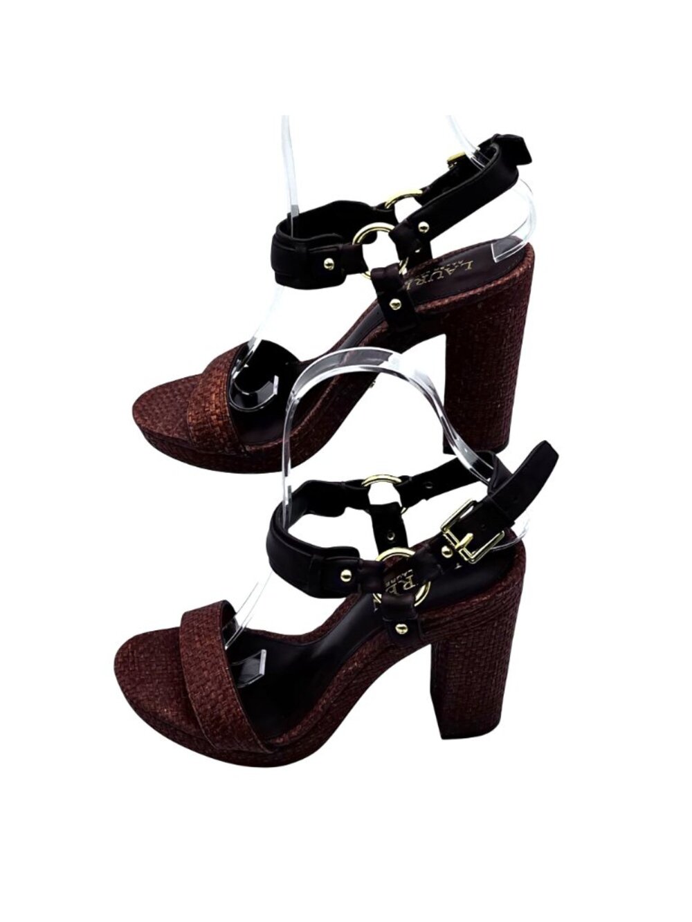Lauren Ralph Lauren Faustine Raffia Straw & Leather Heel Sandals Womens 6B Brown - Picture 7 of 14